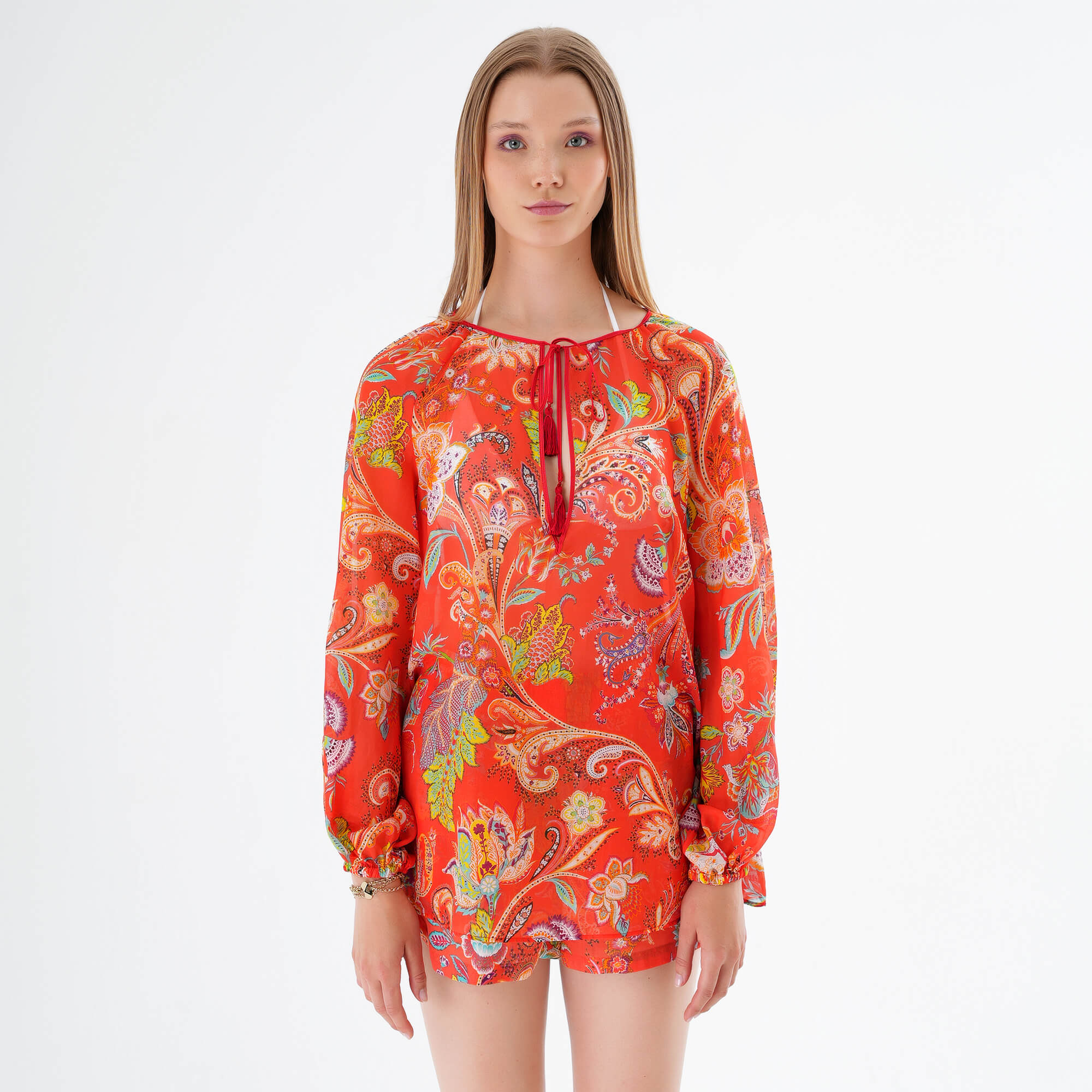 Etro - Orange Paisley Semi Sheer Boat Neck Blouse IT42